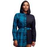 Sexy Shirt With Digital Print Check Color Contrast Button Belt
