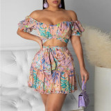 Fashion Sexy Printed Puff Sleeve Lace-up Dress