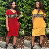 Hot Sale Short Sleeve Leopard V-neck Casual Dress