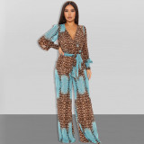 Sexy Leopard Belt Fashion Digital Printing Long V-neck Chiffon Jumpsuit