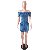 Fashion One-shoulder Tight-fitting Hip-washed Sexy Denim Dress