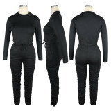 Autumn Solid Color Pleated Cotton Long-sleeved Sports Suit