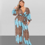 Large Size V-neck Leopard Print Fashion Sexy Song Chiffon Jumpsuit