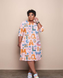 Large Size Letter Print Casual Long-sleeved Dress