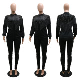 Fringed Bubble Beads Zipper Neckline Sweater With Pencil Pants Casual Suit