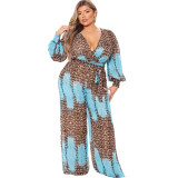 Large Size V-neck Leopard Print Fashion Sexy Song Chiffon Jumpsuit