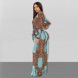 Sexy Leopard Belt Fashion Digital Printing Long V-neck Chiffon Jumpsuit