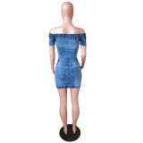 Fashion One-shoulder Tight-fitting Hip-washed Sexy Denim Dress