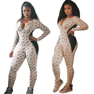 Autumn And Winter Fashion Printing Stitching Zipper Jumpsuit