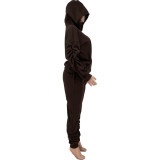 Pure Color Pleated Elastic Suit With Hood Pocket