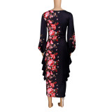 Ethnic Style Peony Flower Print Ruffled Wood Ear Skirt Skirt Dress
