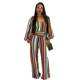 Autumn Striped Lantern Sleeve Long Sleeve Wide Leg Pants Set