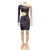 Fashion Digital Printing One-shoulder Long-sleeved Hollow Dress