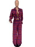 Printed Woven Check Shirt Long-sleeved Wide-leg Pants Suit