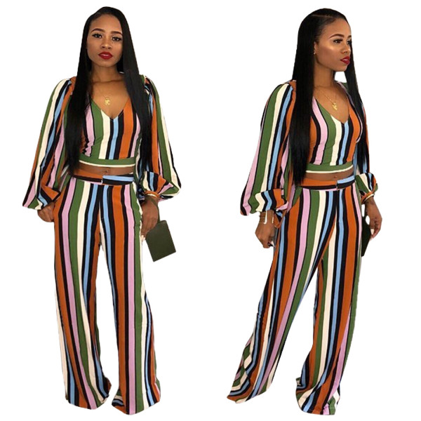 Autumn Striped Lantern Sleeve Long Sleeve Wide Leg Pants Set