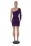 Nightclub Solid Color Personality One-sleeve Oblique Shoulder Sexy Dress