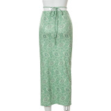 Autumn New Printed Lace-up Side Slit High Waist Bag Hip Skirt