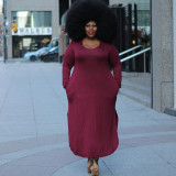 Fashion Plus Size Solid Color Hooded Bilateral Pocket Split Dress