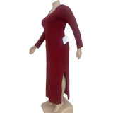 Fashion Plus Size Solid Color Hooded Bilateral Pocket Split Dress