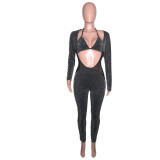 Nightclub Sexy Slim Sequins See-through Deep V Jumpsuit