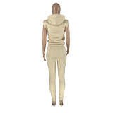 Sleeveless Padded Shoulder Hoodie And Velvet Tracksuit