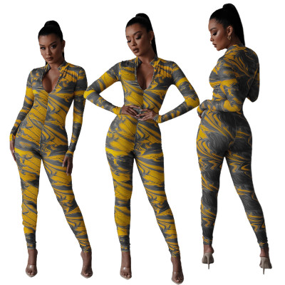 Fashion Marble Pattern Digital Print Skinny Sexy Jumpsuit