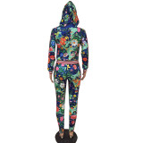 Fashion Autumn And Winter Printed Zipper Sports Suit With Hood