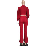 Autumn And Winter Wool Knitting Lantern Sleeve Bell Bottom Trousers Suit