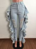Slim-fit Sexy Stretch Jeans With Ruffled Fringe And Shredded Holes