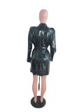 Winter Long-sleeved Thick Stretchy Surface, Suit Collar Leather Skirt