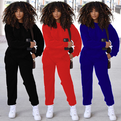 Fashion Casual Solid Color Round Neck Pocket Loose Sports Suit