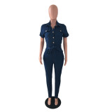 Autumn And Winter Short-sleeved Lace-up Denim Jumpsuit