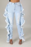 Slim-fit Sexy Stretch Jeans With Ruffled Fringe And Shredded Holes