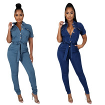 Autumn And Winter Short-sleeved Lace-up Denim Jumpsuit