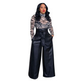 Autumn And Winter New Style PU Leather High Waist Pants With Belt