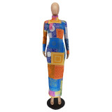 New Autumn And Winter High Neck Multicolor Cashew Print Dress