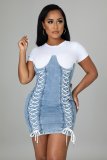 Fashion Denim Color Matching Wash Water Eyelet Straps Slim Sexy Dress