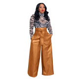 Autumn And Winter New Style PU Leather High Waist Pants With Belt