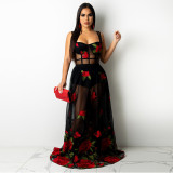Sexy Sling Waist And Big Swing Fashion Embroidered Long Dress