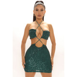 Fashion Halter Sexy Strappy Sequined Two-piece Skirt