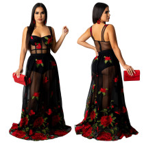 Sexy Sling Waist And Big Swing Fashion Embroidered Long Dress