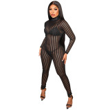 Sexy Perspective Striped Skinny Long-sleeved Trousers Jumpsuit