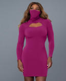 High Neck Mask Personality Design Solid Color Dress