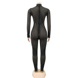 Sexy Perspective Striped Skinny Long-sleeved Trousers Jumpsuit