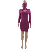 High Neck Mask Personality Design Solid Color Dress