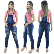 Fall New Style Suspender Hole Wash Denim Jumpsuit