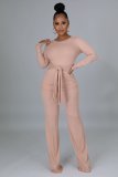 Fashion Solid Color Strappy Ribbed Flared Pants Casual Suit