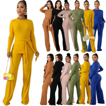 Fashion Solid Color Strappy Ribbed Flared Pants Casual Suit