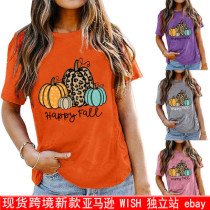 Happy Fall Halloween Pumpkin Print Loose Short Sleeve