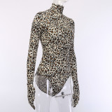 High-necked Long-sleeved Bottoming Top Leopard Print Glove Bodysuit